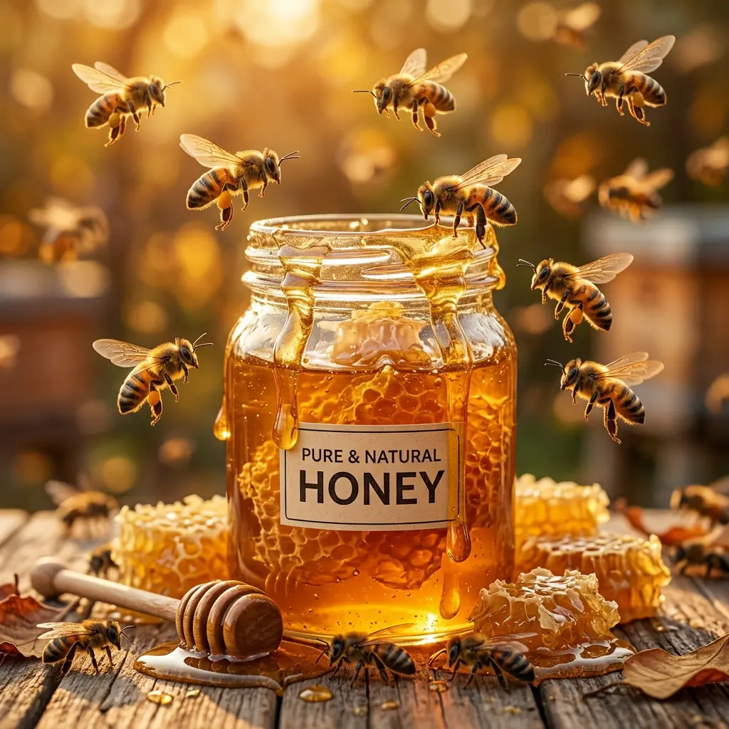 Raw organic honey jar in nature